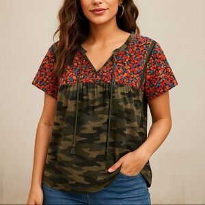 Savannah Jane Embroidered Floral and Camo Print Babydoll Blouse